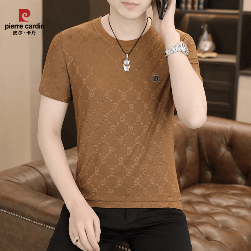 皮尔卡丹夏季冰丝提花男士短袖T