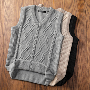 V领内搭外穿针织衫背心男款加绒加厚秋冬学院风保暖纯棉毛衣马甲