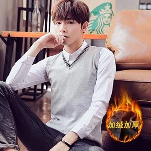 秋冬季坎肩背心男款加绒加厚毛衣马甲加棉保暖修身百搭无袖针织衫
