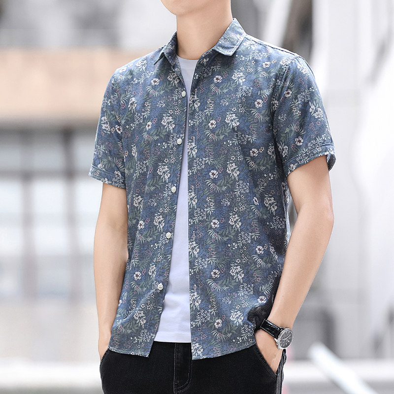 2026夏季潮流男装衬衫印花韩版痞帅短袖男士衬衫修身薄款外套寸衫