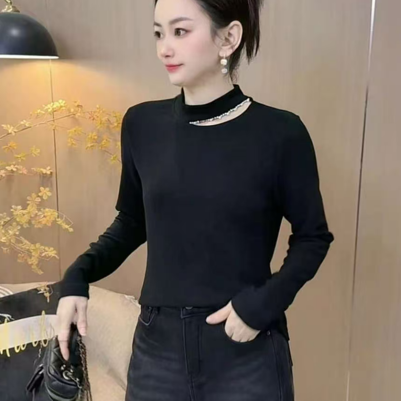 新款双面绒手工钉珠百搭小衫女