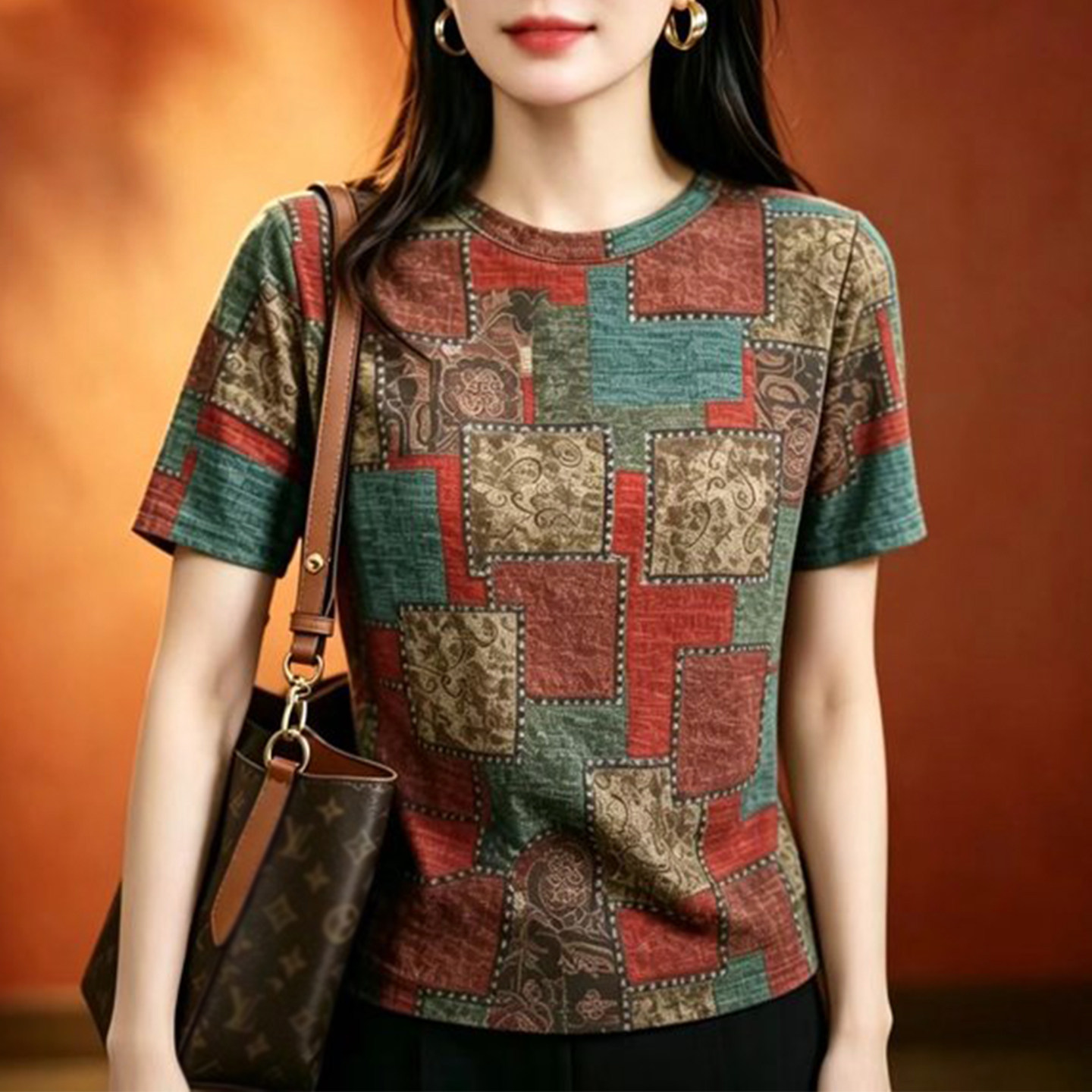 彩格拼色圆领短袖上衣中年妈妈装复古小衫女洋气时尚宽松透气上衣图片