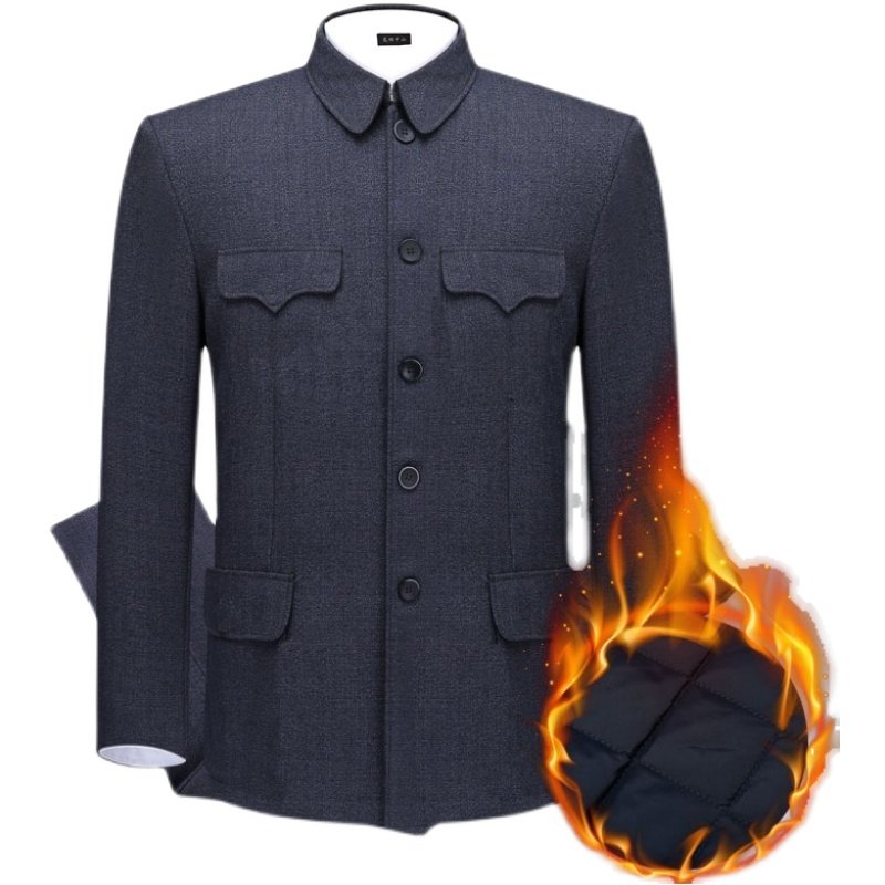 加绒中山装套装中老年人衣服爸爸装冬季爷爷装休闲中山服老式上衣