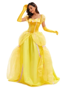 贝尔衣服外贸表演服装欧美连衣裙套装公主舞台cos万圣节女士黄色