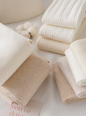 奶白色连裤袜秋冬加绒加厚日系白色竖条纹打底裤女浅色踩脚春秋季