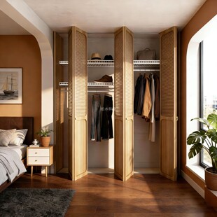 步入式衣柜折叠门无下轨实木法式藤编防尘门板家用卧室中古奶油风