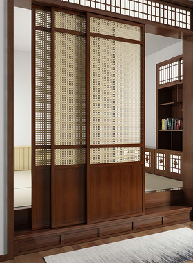 折叠门藤编推拉门移门民宿木门顶藤编柜门藤编门定制推拉门日式