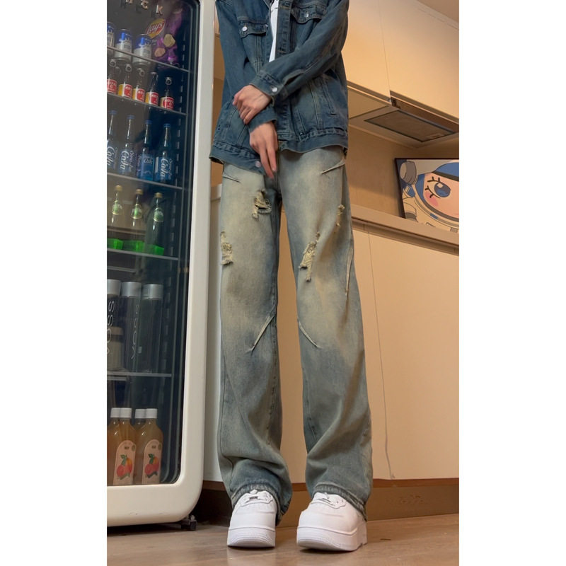 春季新款破洞牛仔裤男美式高街vibe直筒宽松休闲百搭裤DY167-P65,男装牛仔裤,星座808A-1