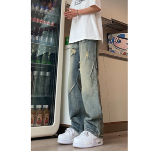 美式蓝色破洞牛仔裤cleanfit直筒裤潮牌痞帅修身微喇裤DY267-P65图片