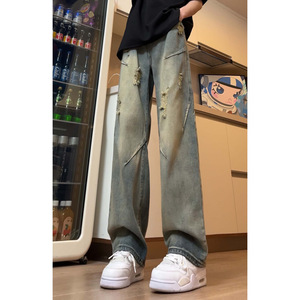 美式破洞牛仔裤设计感痞帅直筒裤潮牌痞帅宽松阔腿裤子DY267-P65图片