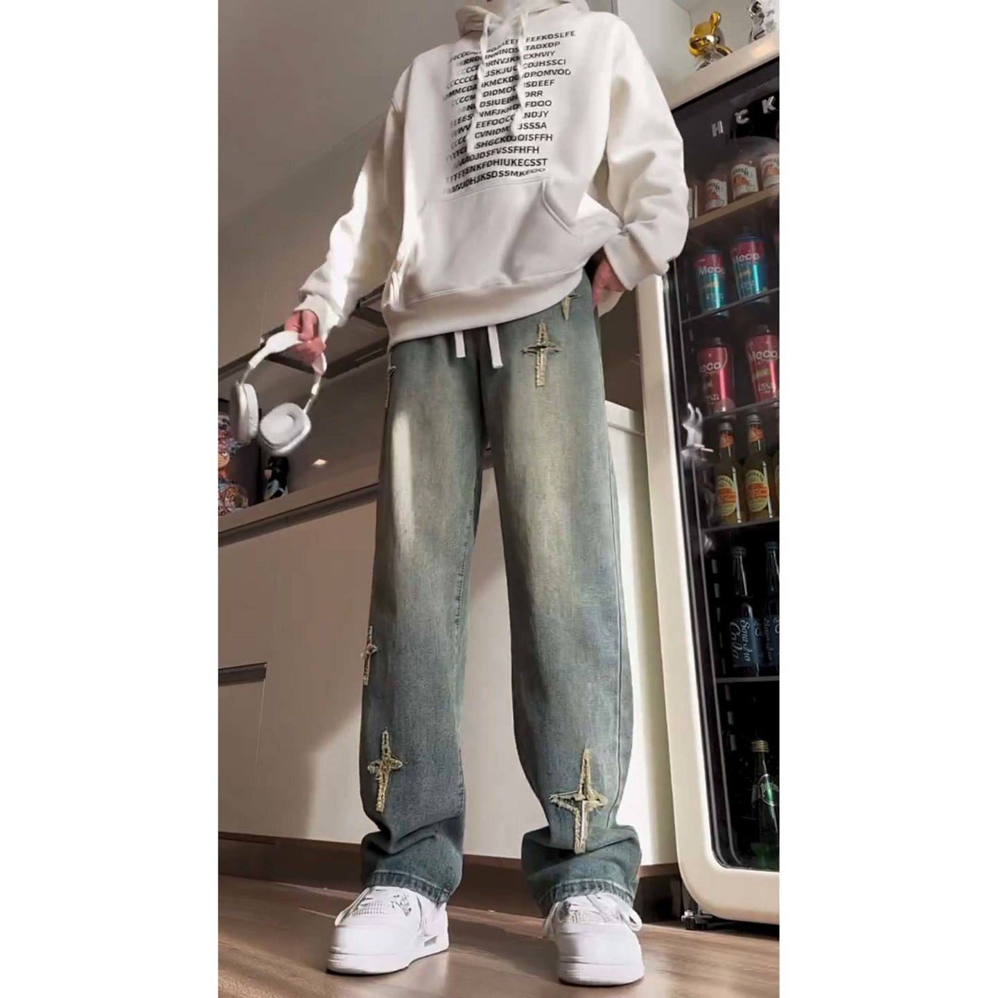 美式复古十字星潮牌百搭休闲牛仔裤做旧设计感直筒阔腿裤DY164-65,男装牛仔裤,星座808A-1