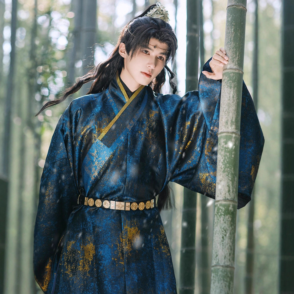 【星河天下】加厚织金斗篷泼墨蓝金明制广袖道袍男款汉服中国风