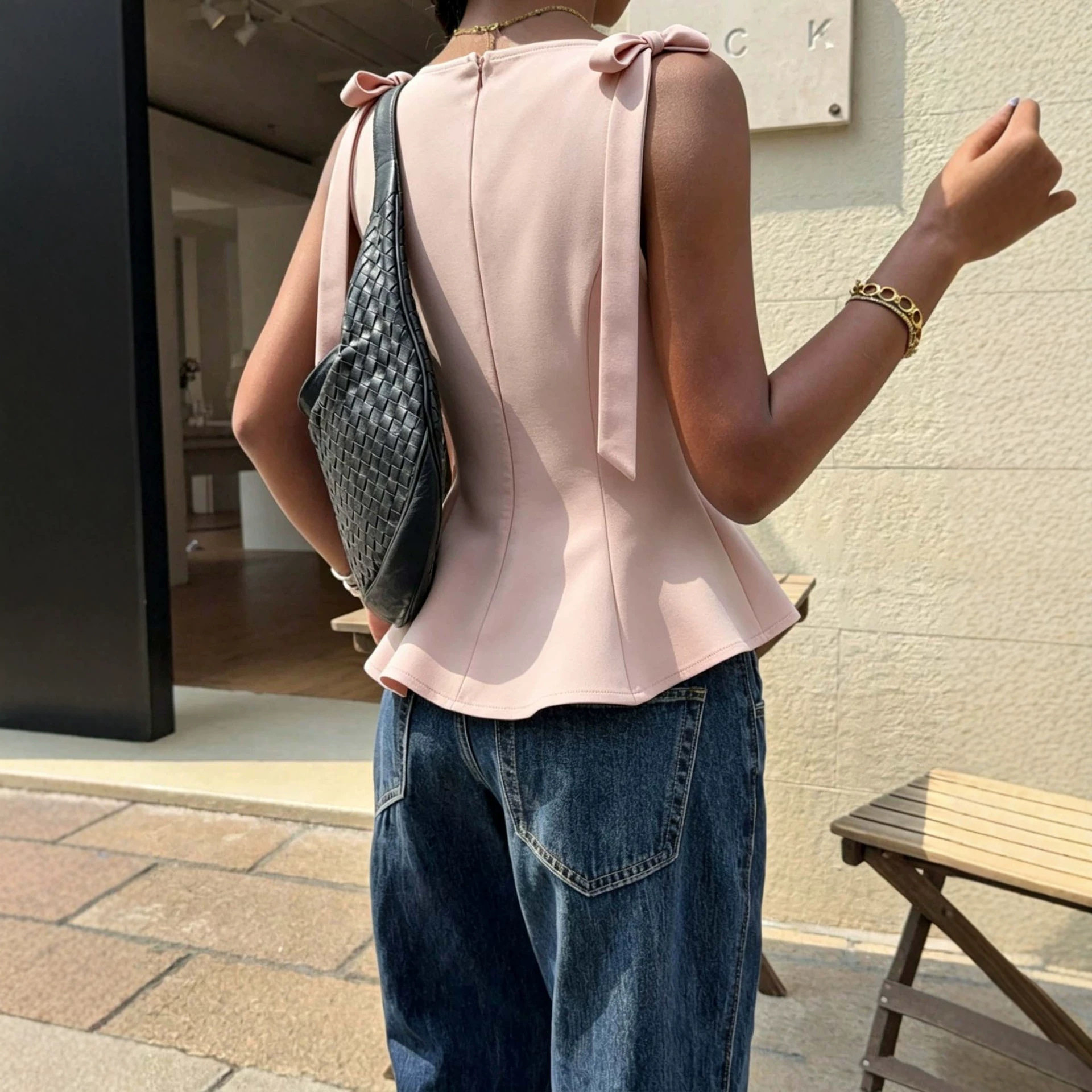 跨境欧美新款无袖上衣 蝴蝶结系带收腰显瘦荷叶边上衣女夏