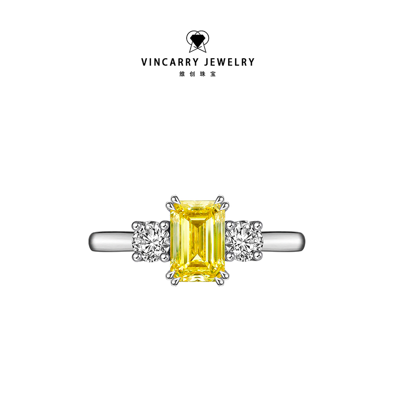 VINCARRY18K金培育黄钻戒指三石款简约日常通勤高级定制人工钻戒