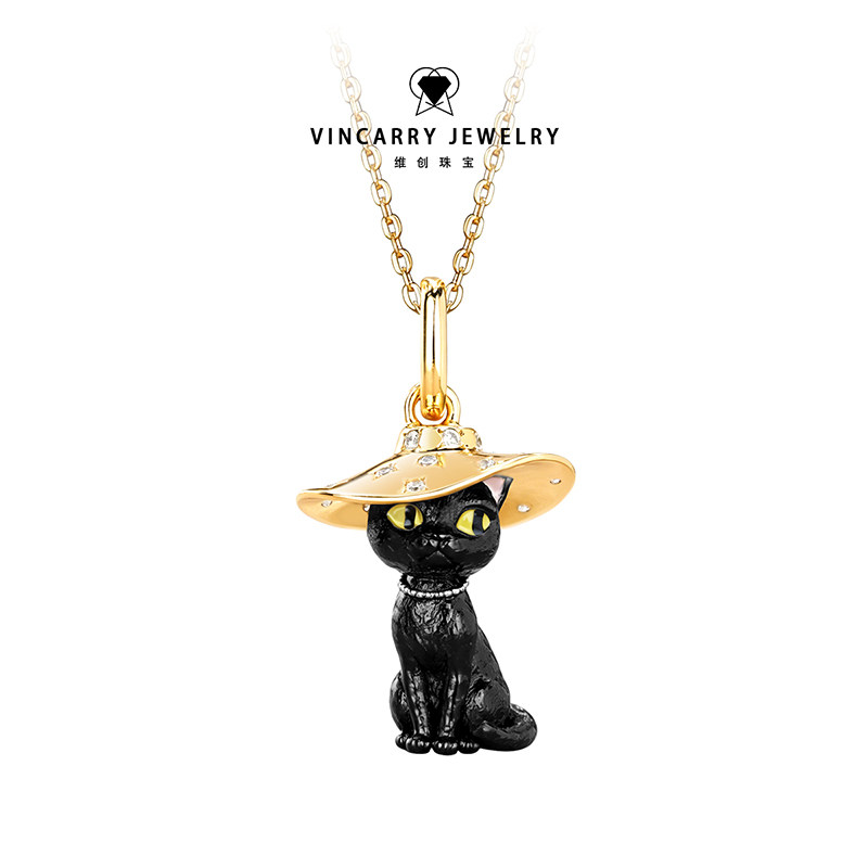 VinCarry精致K金手工黑猫项链女金色吊坠可爱小猫颈饰潮玩
