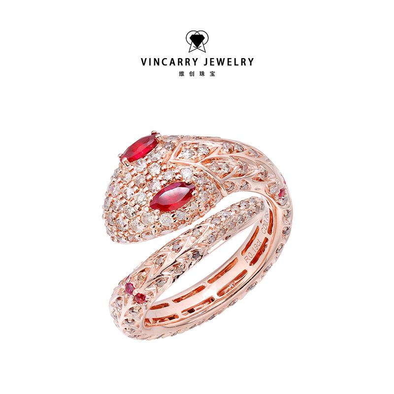 个性设计感欧美冷淡风女镶晶钻异域红眼灵蛇培育18K金钻石戒指ins