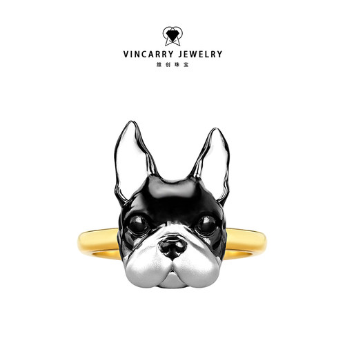 VINCARRY维创珠宝宠物可爱小狗造型戒指萌宠法斗造型定制K金戒指