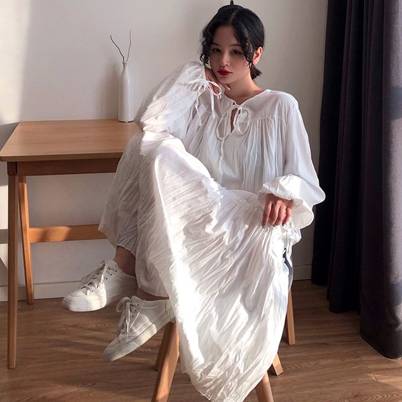 韩版宽松长袖白色褶皱V领系带连衣裙女港风复古小众过膝长裙学生|ruв категории плесень играть/Аниме/вокруг/cos/настольные игры, Косплей одежды/реквизит/услуги, Косплей женской одежды - от Buy2taobao.com для оказания профессиональной услуги покупки агента Taobao