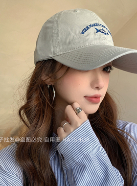美式复古鲨鱼刺绣棒球帽 做旧水洗软顶鸭舌帽