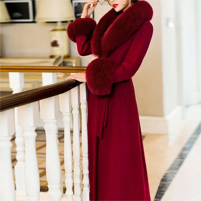 羊毛绒大衣女冬季新款进口双面呢面料过膝带腰带狐狸毛领修身外套