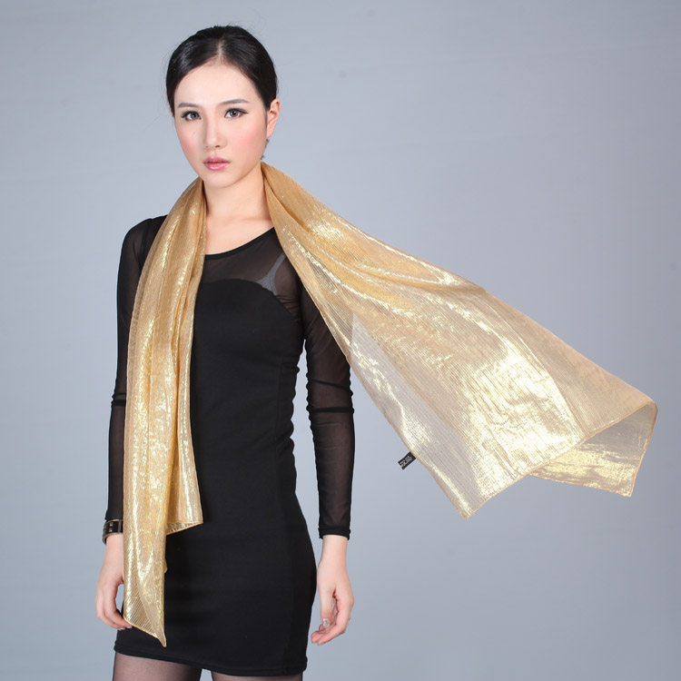 5折朋克摇滚范 贵气女士长款桑蚕丝金色丝巾银色真丝围巾披肩