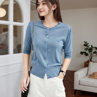 蓝色泡泡袖针织开衫外套女夏季新款高级感收腰显瘦小香风短款上衣