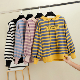 秋冬带帽子慵懒风毛衣女打底套头卫衣连帽针织衫条纹宽松外套上衣