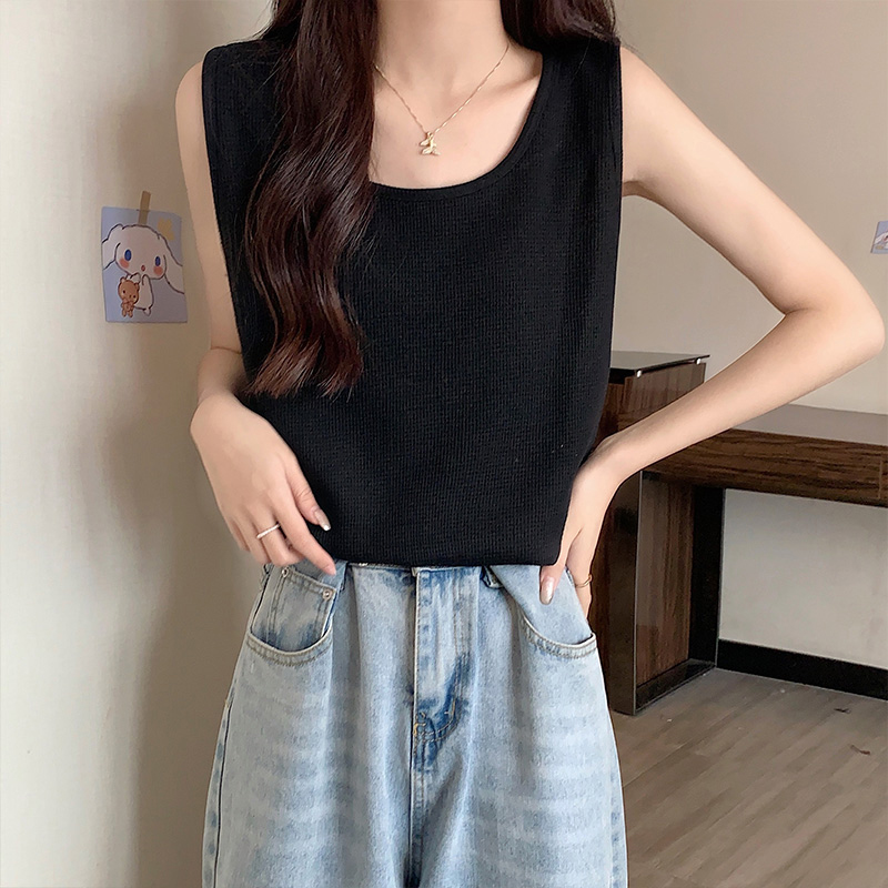 春夏季叠穿西装内搭无袖打底衫上衣宽松黑色针织华夫格吊带背心女