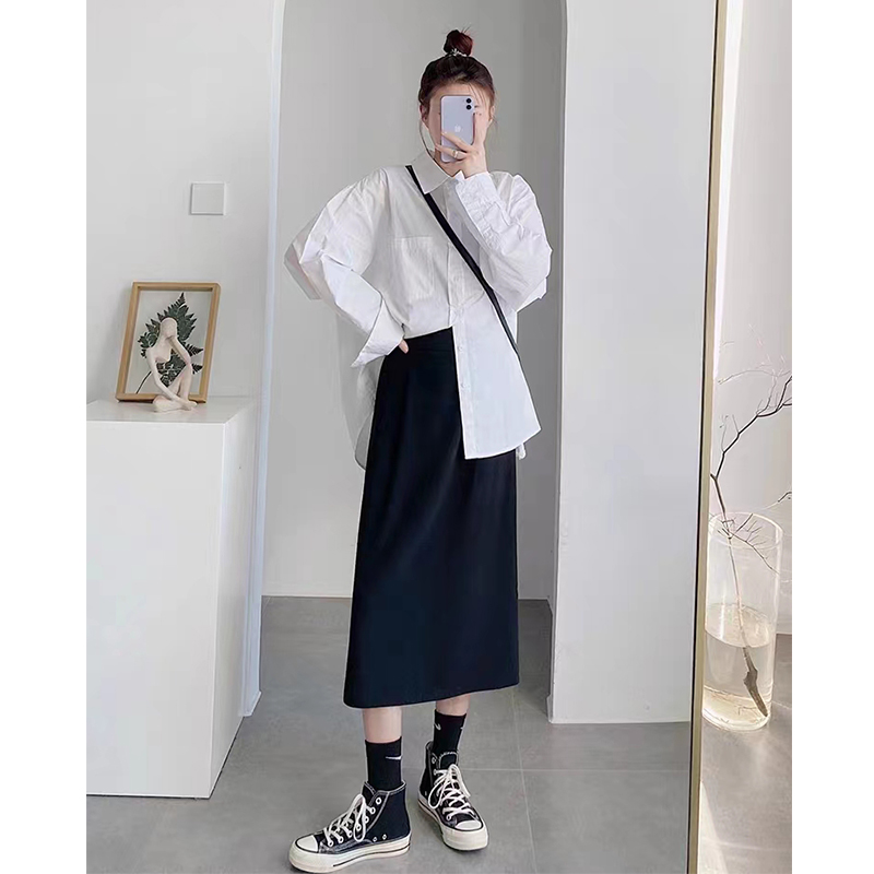 黑色半身裙中长款女新款高腰遮肉显瘦大码西装裙开叉包臀a字裙子