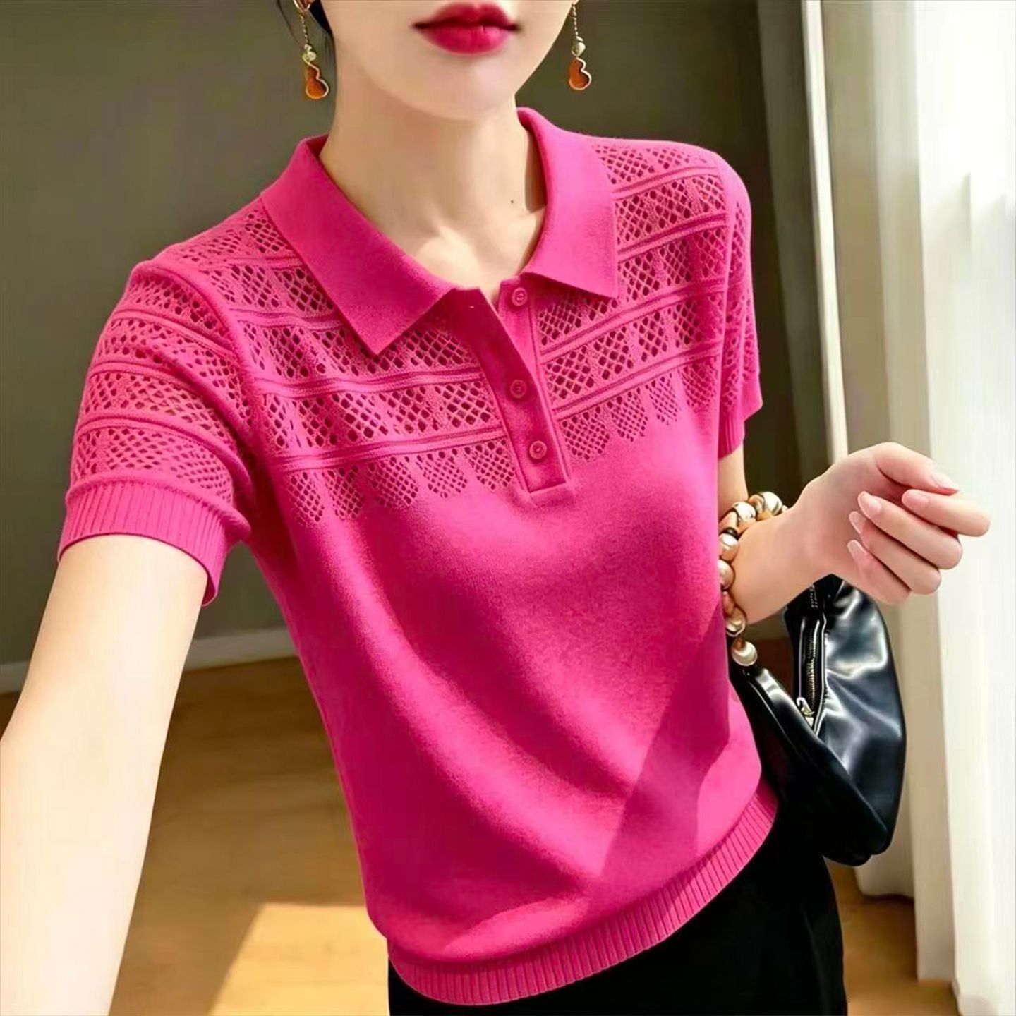 夏季冰丝镂空透气翻领POLO衫女