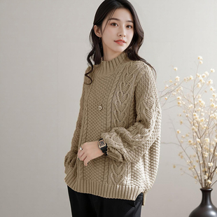 大码半高领女士毛衣外套秋冬季新款内搭打底衫保暖宽松显瘦针织衫