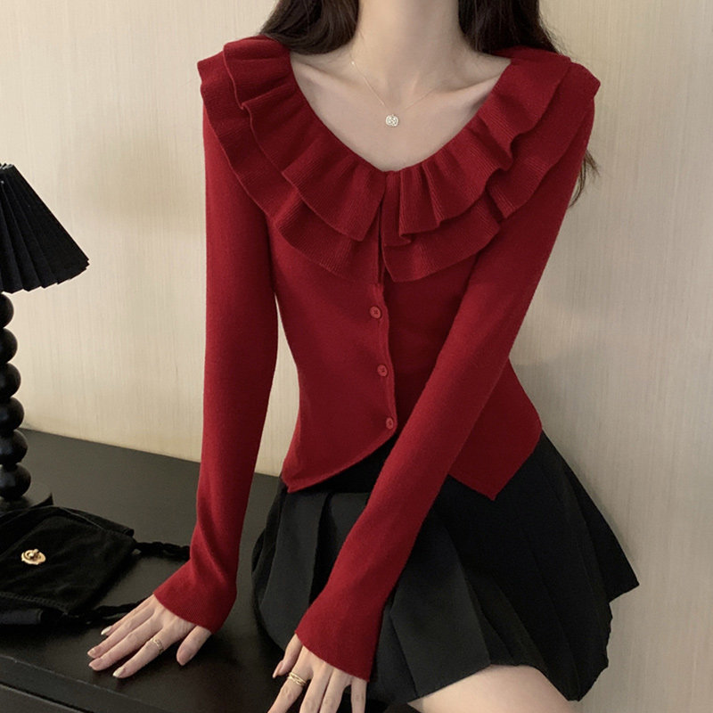 荷叶边V领小香风短款针织开衫女