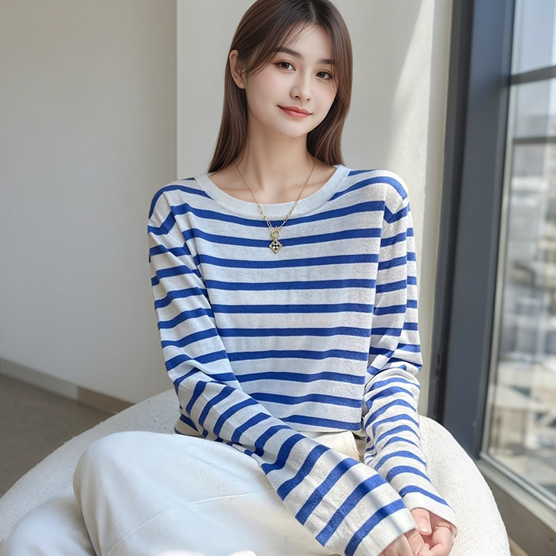 夏季新款慵懒风长袖t恤针织衫女宽松显瘦亲肤透气条纹薄款防晒衫