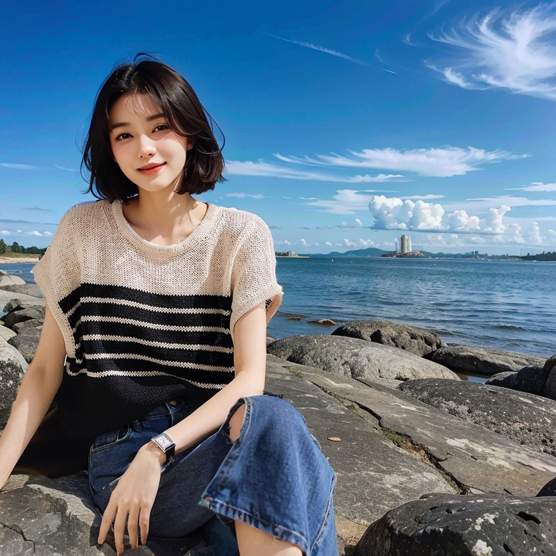 条纹圆领针织衫背心女夏季新款宽松显瘦外穿复古百搭镂空薄款上衣