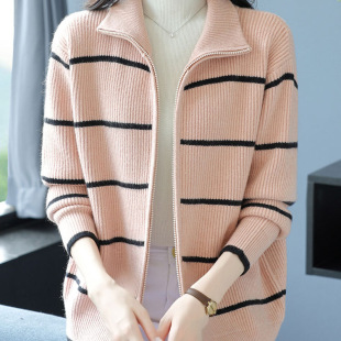 女休闲拉链宽松显瘦洋气针织衫 大码 条纹百搭开衫 新款 外套 2022秋季