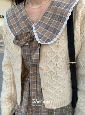 Dear wednesday.海军领蕾丝花边少女可爱格子系带蝴蝶结连衣长裙