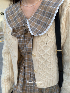 Dear wednesday.海军领蕾丝花边少女可爱格子系带蝴蝶结连衣长裙