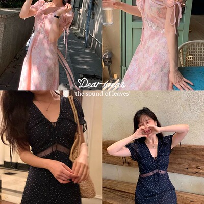 DearWednesday法式蕾丝拼接碎花连衣裙女25夏新款收腰显瘦V领长裙
