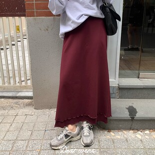 Dear wednesday女秋冬新款高级感高腰直筒波尔多红双层半身长裙