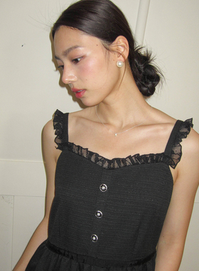 Dear Wednesday又A又可爱蕾丝花边吊带亮点无袖黑色连衣中长裙