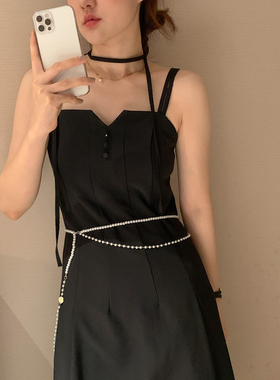 Dear wednesday.  珍珠腰带三色连衣裙纯色优雅性感高级感吊带裙