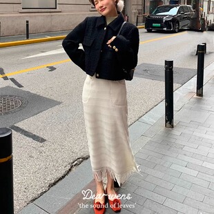 Dear wednesday不规则黑色a字半身裙24秋季高端蕾丝流苏摆长裙子