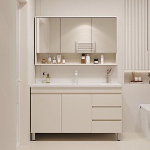 浴室柜卫生间奶油风洗手洗漱洗脸盆实木智能落地式洗手池陶瓷一体