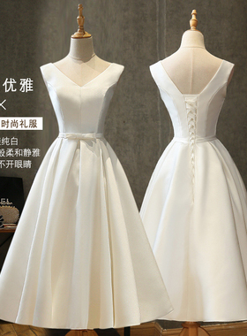 白色晚礼服 2024款V领简单大方中长款宴会聚会显瘦伴娘姐妹连衣裙