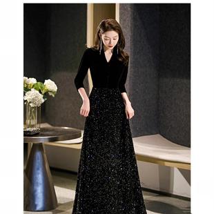 高档晚礼服女宴会气质高级感高端小众轻奢黑色亮片指挥晚宴主持人