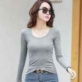 u领上衣春秋薄款 纯色内搭修身 百搭t恤 女长袖 螺纹莫代尔棉打底衫