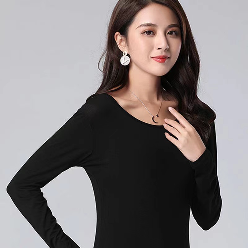 秋冬季莫代尔棉打底衫女显瘦修身薄款体恤圆领通勤纯色t恤黑上衣