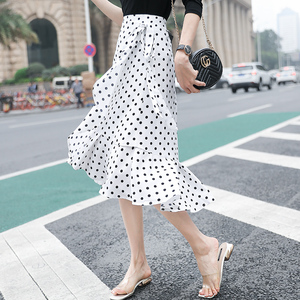 RM7346#夏季波点印花半身裙百搭一片式系带裹裙中长款鱼尾裙
