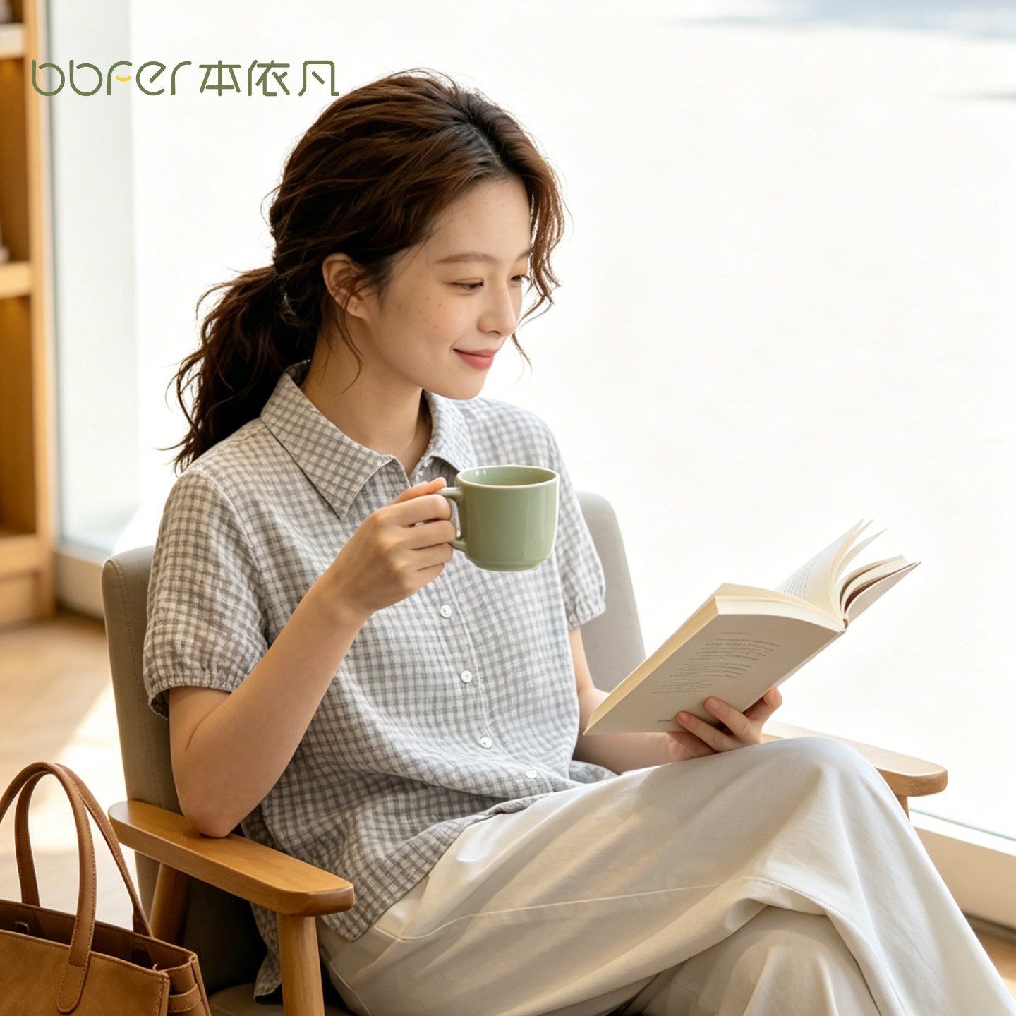 BBFER本依凡夏宽松透气泡泡纱格纹衬衫0041短袖上衣女前短后长