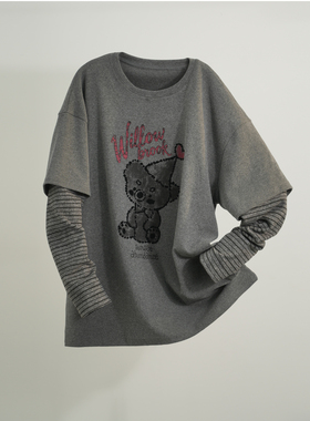 BBFER/本依凡卡通印花假两件针织衫女长袖小众设计感叠穿上衣